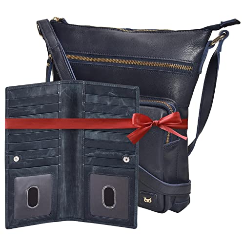 Wise Owl Accessories Real Leather Crossbody Handbag & Purse for Women Bundled with RFID Blocking Long Bifold Card Case Wallet (Navy set of 2)
