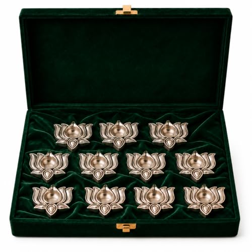 Image of 999 Pure Silver Plated Lotus Diyas for Pooja - Set of 11, Handcrafted Silver Diya for Puja & Spiritual Gifting for Home Decor