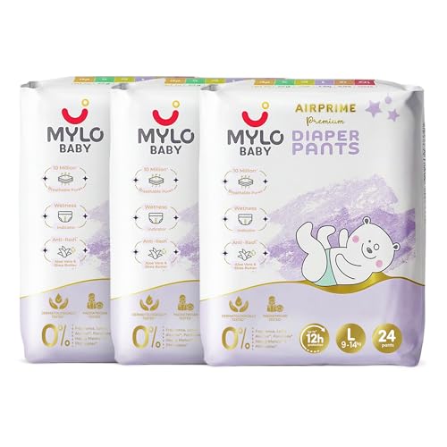 Image of Mylo Baby AirPrime Premium Diaper Pants Large (L) Size (9-14 kgs) (24 Count) Leak Proof | Ultra-Thin & Breathable | Up to 12 Hours Protection | No Rashes (24 Count, Pack of 3)
