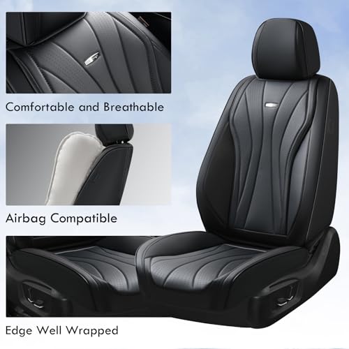 Image of Coverado Seat Covers Full Set, Leather Car Seat Covers, Waterproof Seat Covers for Cars, Front and Back Seat Covers, Car Seat Protectors Car Seat Cushions Universal Fit for Most Cars, Black