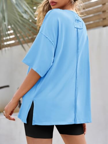 Image of Tankaneo Womens Oversized Tshirts Summer Casual Short Sleeve Crew Neck T Shirt Loose Fit Side Slit Tee Tops