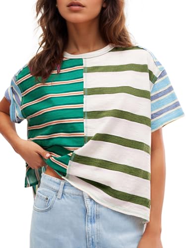 Tankaneo Womens Summer Striped Shirts Casual Color Block Short Sleeve Tops Loose Fit Crew Neck Tees Dark Green