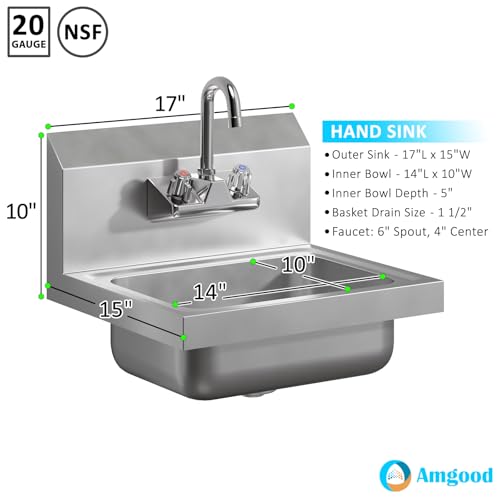 Image of Stainless Steel Wall Mounted Hand Sink 17 in. x 15 in. with Gooseneck Faucet