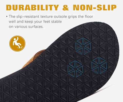 KuaiLu Men's Leather Flip Flops Arch Support Summer Beach Pool Water Thong Sandals Waterproof Rubber Walking Shoes Slip on Orthotic Casual Sport Cushioned Wide Slides Shower Slippers Bright Brown 11 - Image 5