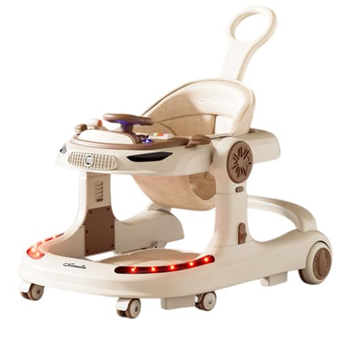 HJJ 3 in 1ベビーウォーカー 折りたたみ式ベビーカー 高さ調節可能 保管が簡単 フットレスト付き 取り外し可能なダイニングトレイ ダイニングチェアとしても使えます サイレントユニバーサルホイール (コーヒー色,ディナートレイ/音楽/フットマット/押