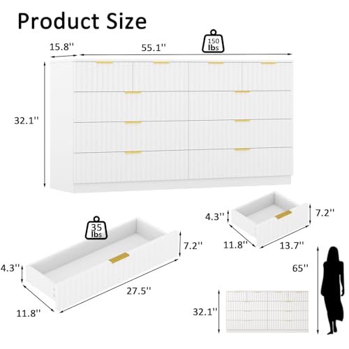 Image of 55.1 inch Wide Fluted 10 Drawer Dresser for Bedroom, White | Modern Dresser for Closet with Metal Handle, Wooden Chest of Drawers for Bedroom, Living Room, Hallway
