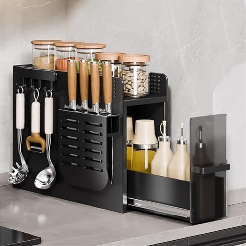 Pull Out Spice Rack Organizer with Drawer - Kitchen Countertop Storage for Seasonings, Condiments & Food Containers - Includes 2 Pot Lid Racks for Efficient Kitchen Organization