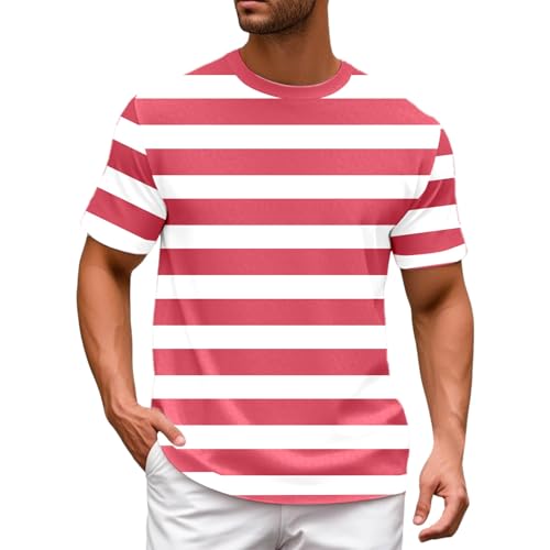 Image of YOSUWOAI Men's T-Shirt Summer Striped Shirt Sports Tops Crew Neck Short Sleeve Tee Shirts Quick Drying Sports Shirt Striped Cotton Casual Shirt Regular Fit Training T-Shirts, O Red, 4XL