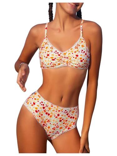 OYOANGLE Girl's 3 Piece Swimsuit Floral Print V Neck Spaghetti Strap Bikini Set with Beach Cover Up Skirt