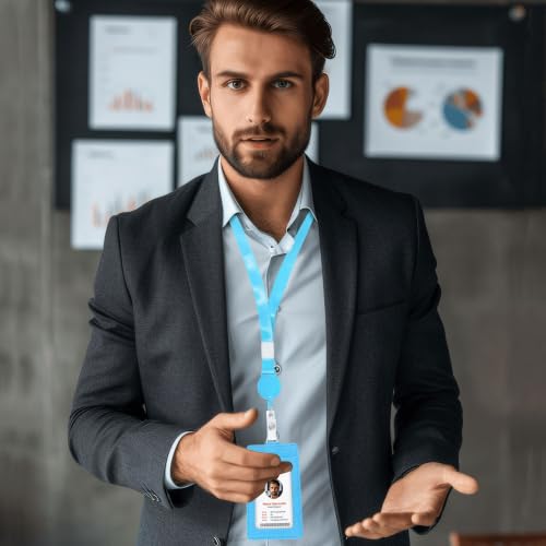 Image of Conisy ID Badge Holder with Retractable Lanyard, Vertical PU Leather ID Badge Card Holder with 2 Card Slots for Women Men (ID Badge Holder SkyBlue)