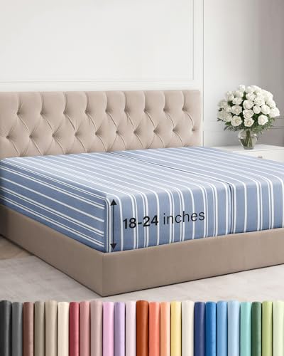 Image of Extra Deep Split King Fitted Sheet - Single Fitted Sheet - Blue Stripes | Easily Fits 18 inch to 24 inch Mattress, Soft, Wrinkle Free, Breathable & Comfy, Extra Deep Pockets Hotel Luxury Fitted Sheet