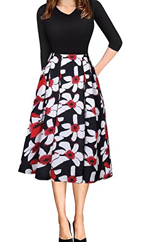 Women's Floral Vintage Patchwork Pockets Puffy Swing Casual Party Dress (XL, Black)