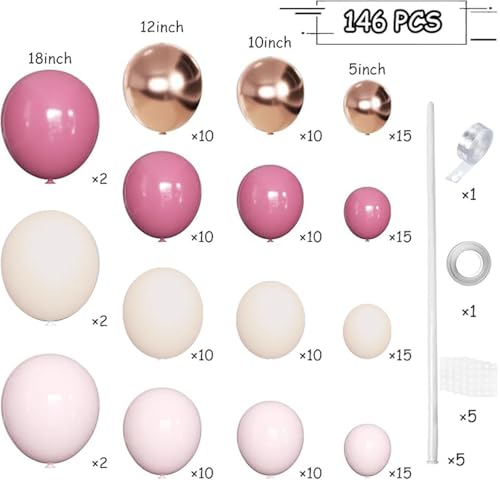 Image of MEBAY Retro Rose Baby Pink Champagne White Sand Balloons Garland Arch Kit, 146Pcs Latex Balloons Different Sizes 18 12 10 5 Inch for Party Decorations, Wedding Backdrop, Birthday, Graduation