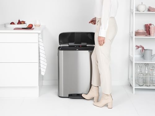 Image of Brabantia Bo Step-On Pedal Trash Can - 16 Gal Inner Bucket (Matt Steel FPP) Waste /Recycling Garbage Can, Removable Compartment
