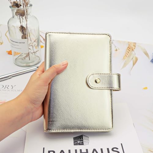 XiowDow Capa A6 Budget Binder de couro PU para caderno, 6 anéis dourados, fichários recarregáveis, f
