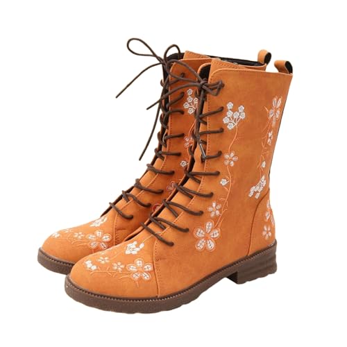 Ankle Boots for Women Lace Up Combat Booties Fashion Floral Embroidered Short Booties Side Zipper Lug Sole Boots PU Leather Western Platform Boot Round Toe Shoes Orange