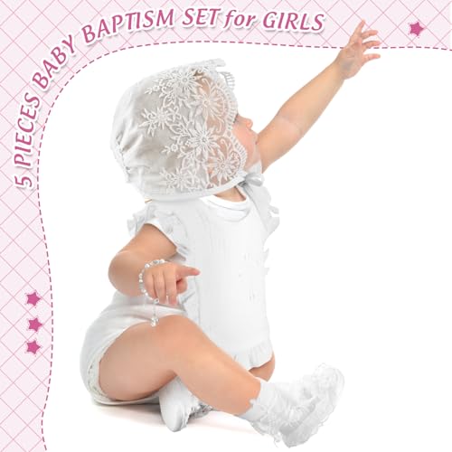 5 Pcs Christening Bib for Baby Girl White Baptism Bib Christening Socks Shoes Baby Bonnet Lace Hat Cross Charm Bracelet Baptism Outfits for Toddler Infant First Communion Gift4