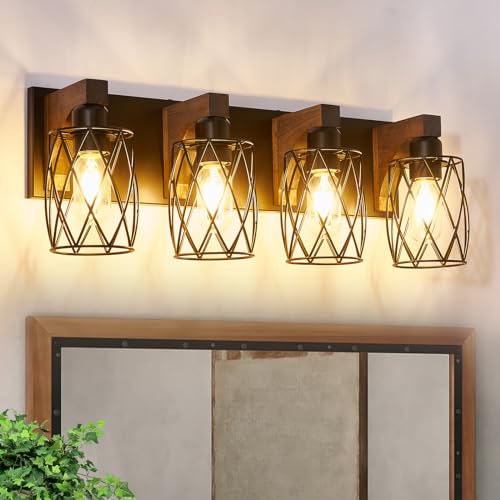 Image of 4-Light Farmhouse Bathroom Vanity Light, Wood Bathroom Lighting Fixtures Over Mirror, Black Bathroom Light Fixtures with Cage Metal Shade, Rustic Vanity Light with E26 Base