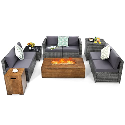 Tangkula 10 Pieces Patio Rattan Conversation Set, Patiojoy Outdoor Wicker Furniture Set w/ 48” Fire Pit Table, Sectional Sofa Set w/Rectangular Propane Gas Fire Pit Set with Coffee Table, Storage Box