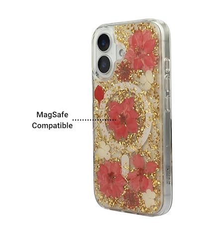 Image of Mag Flower Series Case for iPhone 16 Compatible with Wireless Charging | Real Dried Flower Embedded Design | Slim Transparent Shockproof Back Cover | Red Edition