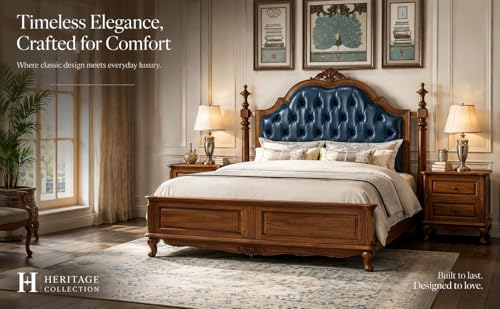 Image of Wooden Bed, American Classic Style, Blue Tufted Leather Headboard with Carved Wood Frame