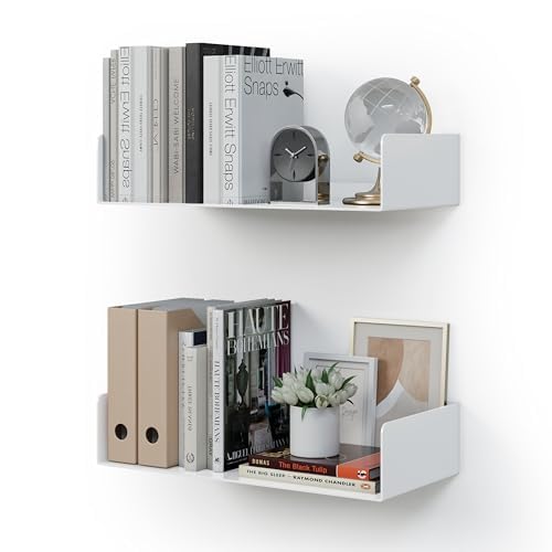CASSA KIVO Wandmontierte U-förmige schwimmende Bücherregale aus Metall für die Wand, 2er-Set, 43 cm x 20 cm Regal, Bücherregal für Schlafzimmer, Wohnzimmer, Büro, Badezimmer, Küche, modern (weiß)