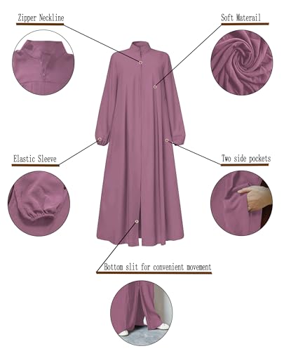Image of Womens Abaya Muslim Long Sleeve Front Zipper Dress Prayer Islamic Clothes with Pockets