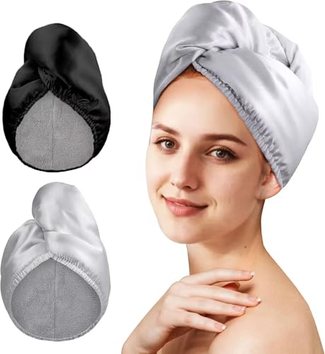 HEN9HUA Satin Microfiber Hair Towel Wrap for Women,2 Pack - Smooth Like Silk-Ultra Absorbent Quick Drying Hair Turban with Anti Frizz Hair - Great for Travel and Gift (Black,Grey)