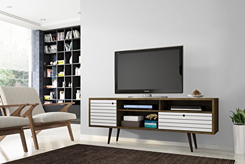 Manhattan Comfort Liberty Mid-Century Modern Living Room Tv Stand With Shelves And A Cabinet With Splayed Legs, 202Amc: 70.86 Inch, Rustic Brown/White #TOP1