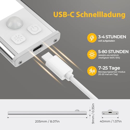 OUILA Schrankbeleuchtung LED mit Bewegungsmelder Unterbauleuchte Küche LED USB-C wiederaufladbar LED-Licht Dimmbar kabellos Nachtlicht für Küche Kleiderschrank Schrank 20.5CM 2 Stück