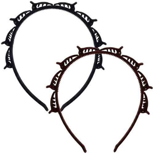 Hzopcw 2pcs Headband Each with 8 Clips, 5.5x5.7in, Black&Dark Brown