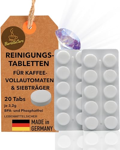 Pastillas de limpieza para cafeteras de 3,2 g, cafeteras automáticas, portafiltros y máquinas de café espresso (Sage, Siemens, Jura ++) 60% más fuerte de fórmula – Fabricado en Alemania 20 pastillas