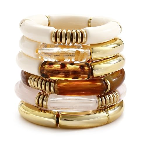 iF YOU 6pcs Chunky Acrylic Bangle Bracelets for Women, Resin Bamboo Brown Stretchy Bracelet Stack, Fashion Jewelry for Women (6 Clear white brown bracelets)