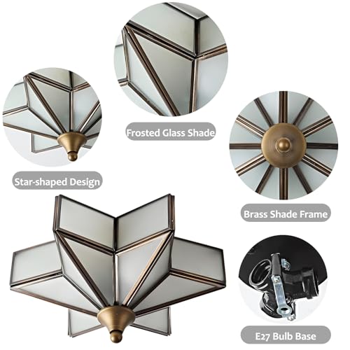 Image of LIGHTLAND 11.8 Inch Flush Mount Star Ceiling Light, 3 Lights Brass Ceiling Lamp with Glass Lampshade, Art Deco Close to Ceiling Light Fixtures for Entryway Hallway Porch, Bronze Color
