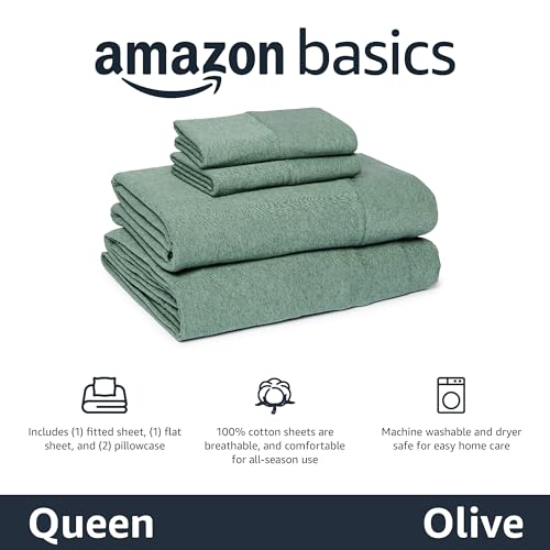 Image of Amazon Basics 100% Cotton Jersey Bed Sheet Set, Queen, Olive (Melange), Solid