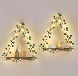 Mkono Artificial Ivy Macrame Hanging Shelves with Lights Set of 2 Boho Wall Decor Display Plants Photos Wood Floating Storage Shelf for Bedroom Bathroom Living Room Nursery Dorm Kitchen