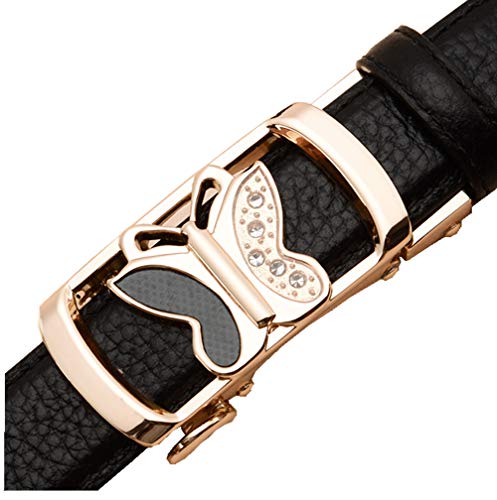 Plus Size Womens Ratchet Leather Belts For Jeans Butterfly Gold Automatic Buckle, Black, Waist:36"-40"/ 120cm2