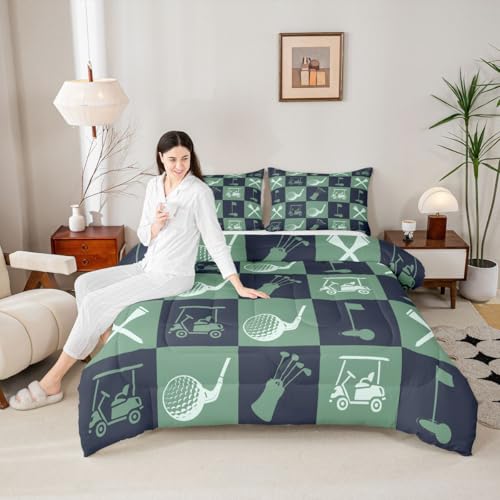 Image of Feelyou Golf Comforter Set Queen Size Navy Blue Green Plaid Buffalo Check Geometric Bedding Set for Kids Boys Girls Sports Theme Duvet Quilt Bedroom Decor Microfiber 3 Pcs with 2 Pillow Cases