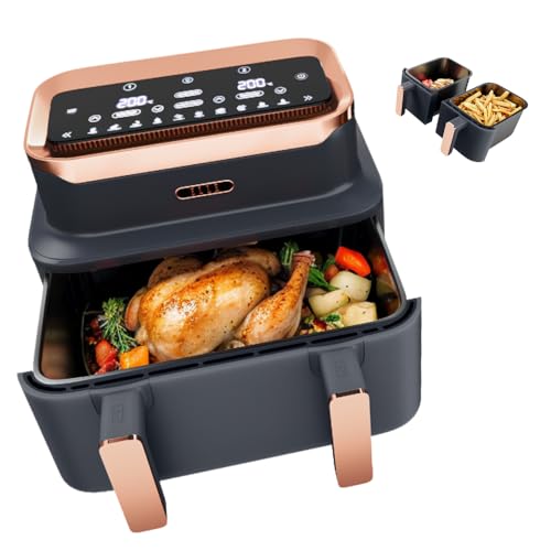 ELLE Dual Air Fryer Triple Air Fryer in Grey with Rose Gold, 10-in-1 Cooking Methods, Oil Free Cooking, Non-Stick & Dishwasher Safe, Smart & Match Cook (Triple Basket)