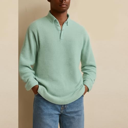 Mokaloha Men's Simple Solid Color Waffle Lapel Long Sleeve Polo Shirt Knit Sweater Collared Shirts3
