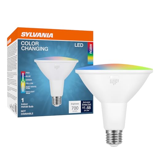 Sylvania LED Color Changing Light Bulb, Red/Blue/Green/Yellow/White, 2700K/5000K, RGBW Colored Light Bulbs, 9W, PAR38, E26 Medium Base - 1 Pack (42638)