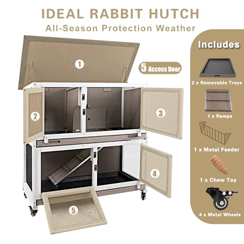 Ketive 36" L Rabbit Hutch Indoor with 4 Metal Wheels, 2-Story Wooden Bunny Hutch Outdoor Bunny Cage, 2 Deeper Pull-Out Trays, Ramp, Rabbit Cage Guinea Pig Pet House for Small Animals - Thumbnail 3