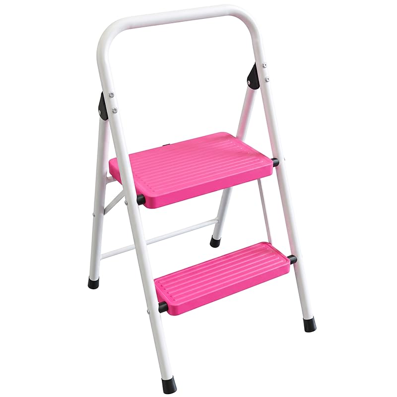 2 Step Stool Folding &Anti-Slip Pedals Lightweight Steel Ladder for Household Kitchen Closet 330LBS (Pink)