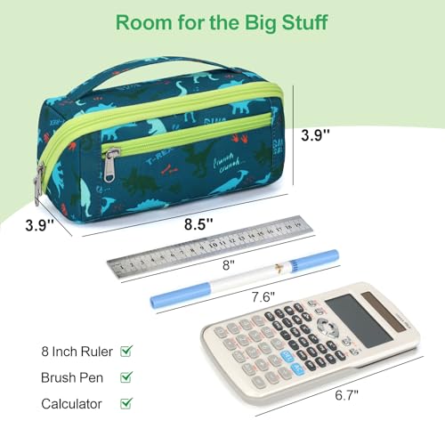 Image of Large Pencil Case for Boys, Durable Pencil Pouch for School, Wide Opening Soft Bag with Handle, Fits 50 Pens & Markers (Green Dinasour)