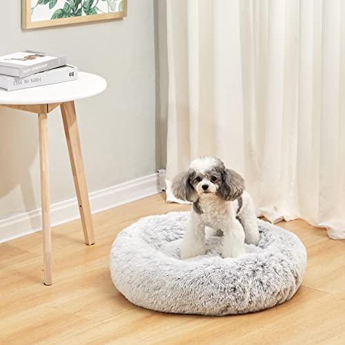 Image of Bedfolks Calming Donut Dog Bed, 23 Inches Round Fluffy Dog Beds for Small Dogs, Machine Washable Anti-Anxiety Plush Puppy Bed(Light Grey, Small)