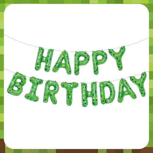 Image of Green Pixel Miner Theme Happy Birthday Balloons Banner 16 Inch Letters, Inflatable Party Decor and Birthday Decorations for Women, Men, Boys & Girls Kids and Adults, Party Supplies