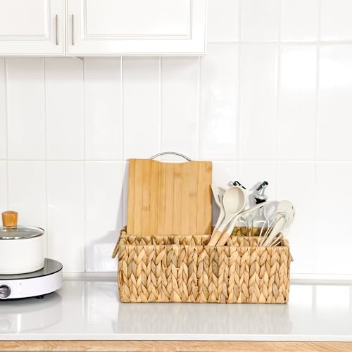 Image of KOKODO Divided Storage Basket Woven Natural Basket Hyacinth for Organizing Bathroom Kitchen Shelves Office Supplies Organization Everyday Wicker Storage Baskets 4 Section Rectangular Tray