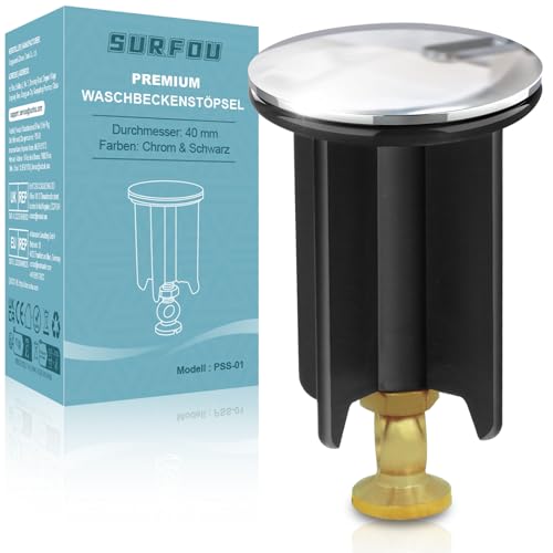 SURFOU Bouchon Lavabo Universel 40mm, Bouchon Évier en Laiton Chromé, Couvercle Lavabo, Bouchon Réglable en Hauteur, Bonde de Baignoire Antirouille et Étanche, Contre Les Mauvaises Odeurs, Noir