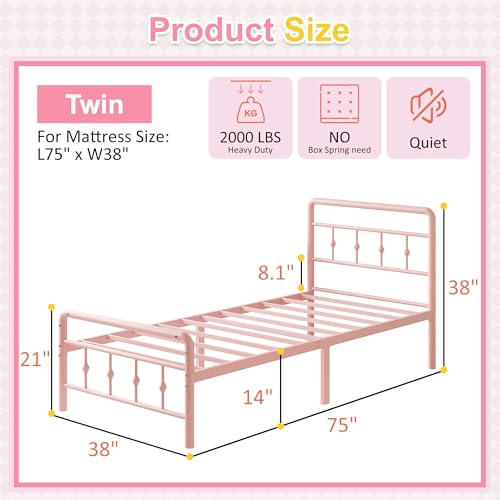 Image of Richwanone 14 inch Twin Bed Frame with Headboard and Footboard, Heavy Duty Metal Bed Frame Victorian Style, No Box Spring Needed, Easy Assembly, Pink