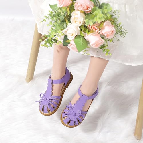 Image of PANDANINJIA Toddler Girls Sandals Closed Toe T-Strap Kids Dress Summer Flats Sandals Cute Bow Flower Girl Shoes